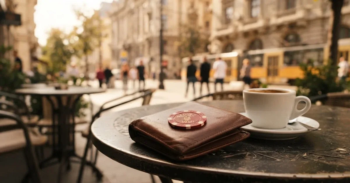 Un portofel de piele închis lângă o cană de cafea, pe masa unei terase la prânz — 20 lei depunere la cazinou în romania
