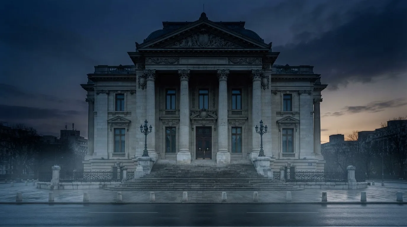 Fațada de piatră a unei clădiri guvernamentale din București, în lumina rece a zorilor — 20 rotiri gratuite în romania