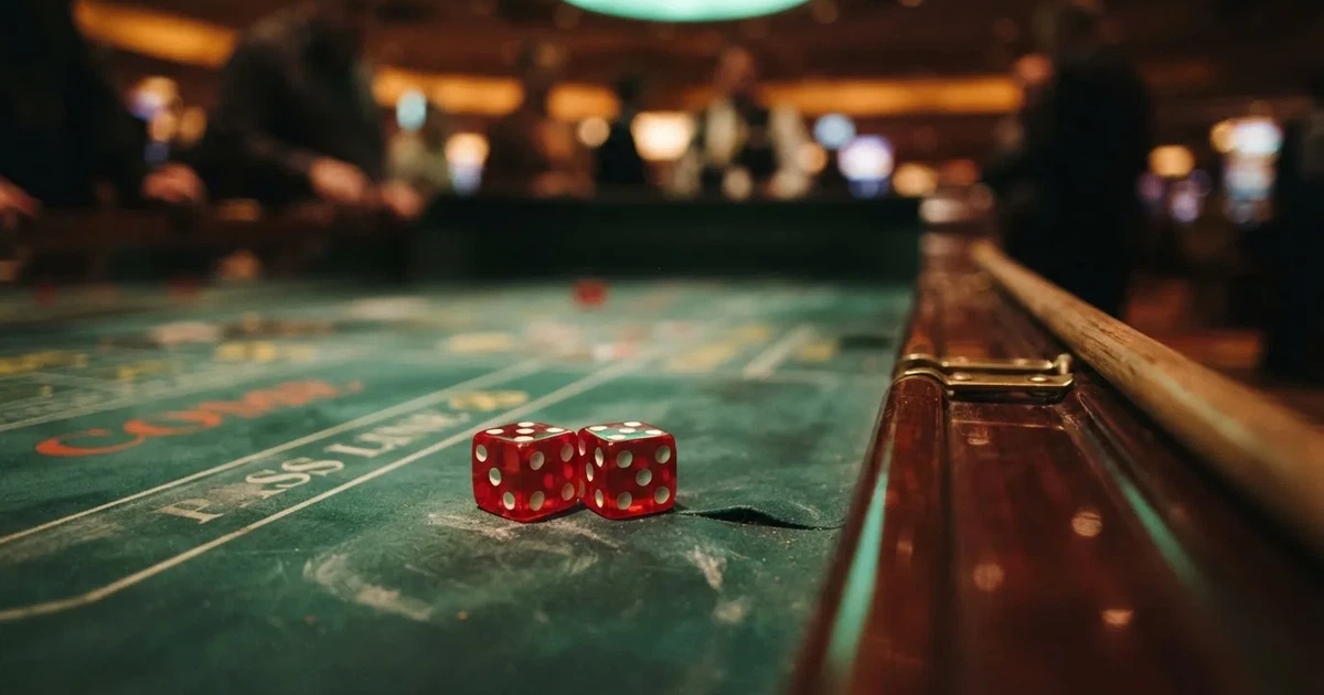 Zaruri roșii pe marginea unei mese de craps, sub o lumină verzuie — aparate de cazinou din românia