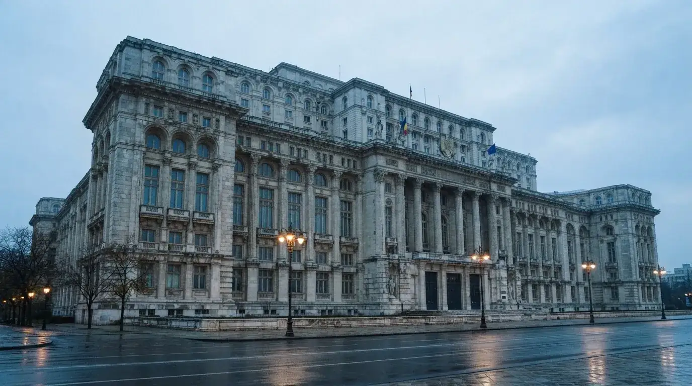Fațada de piatră a unei clădiri guvernamentale din București, în lumina rece a zorilor — aparate de păcănele în românia