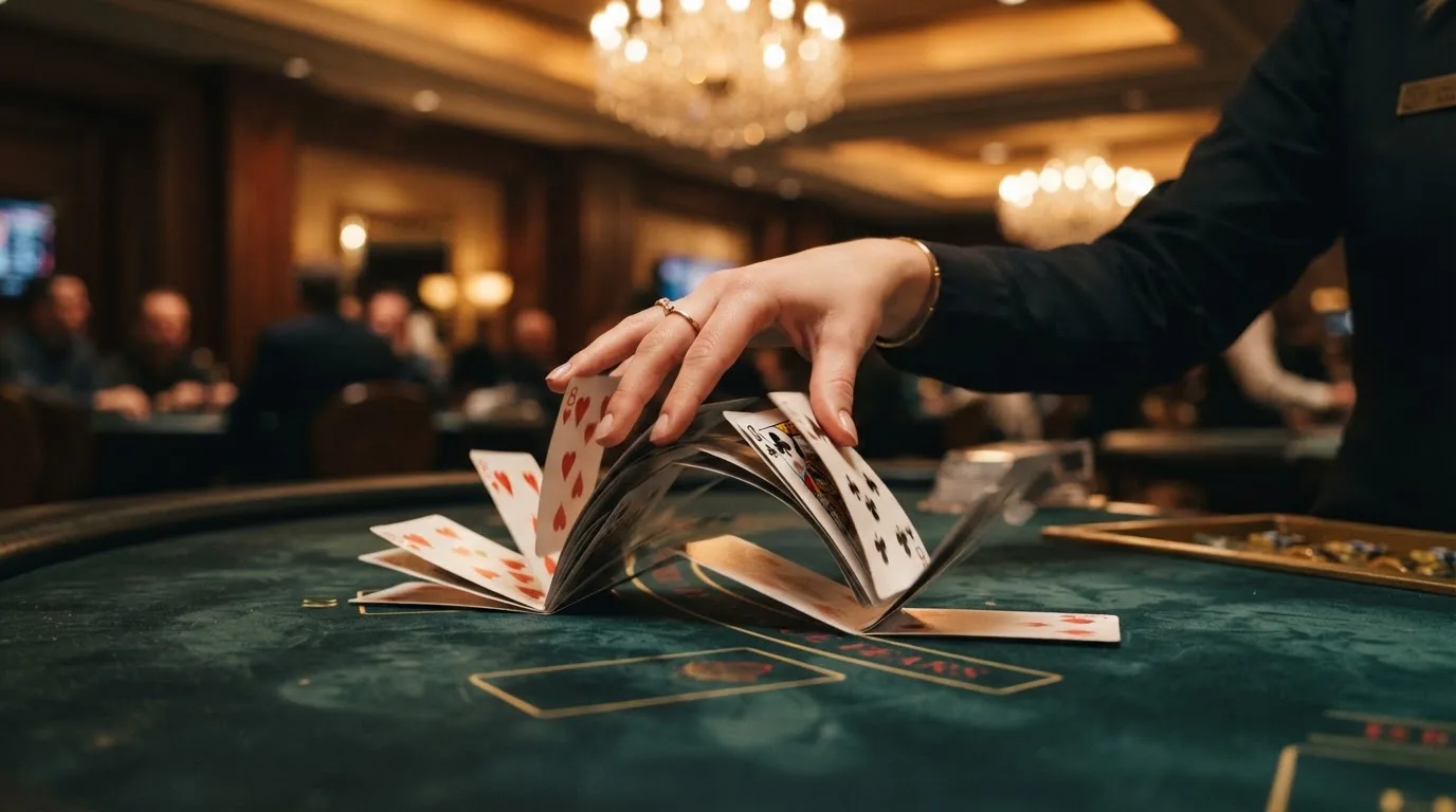 Mâinile unui crupier amestecă cărțile sub candelabrele unui cazinou elegant — blackjack reguli pentru români