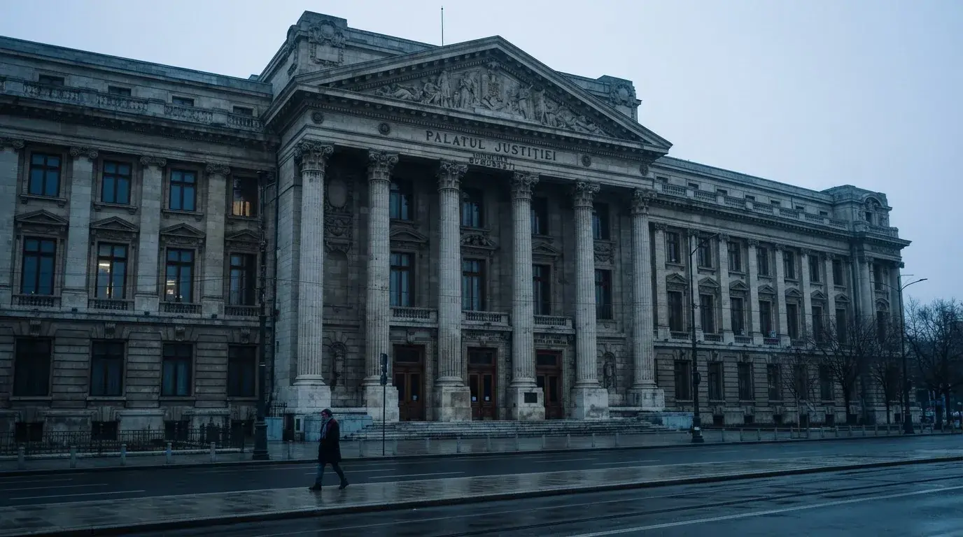 Fațada de piatră a unei clădiri guvernamentale din București, în lumina rece a zorilor — blackjack reguli pentru români