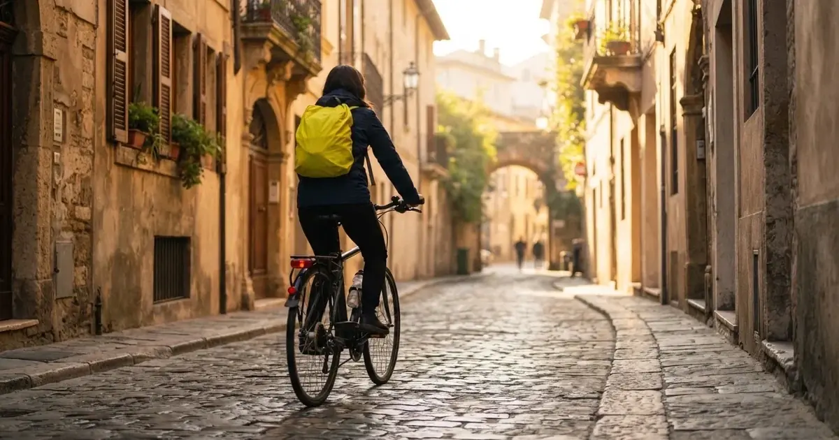 Un curier pe bicicletă cu rucsac galben pe o stradă pavată, în lumina dimineții — bune cazinouri în românia