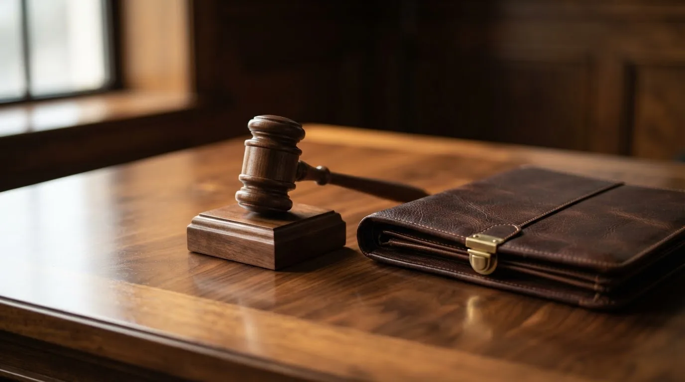 Un ciocan de judecător lângă un dosar de piele închis, pe o masă de nuc lustruit — bune cazinouri în românia