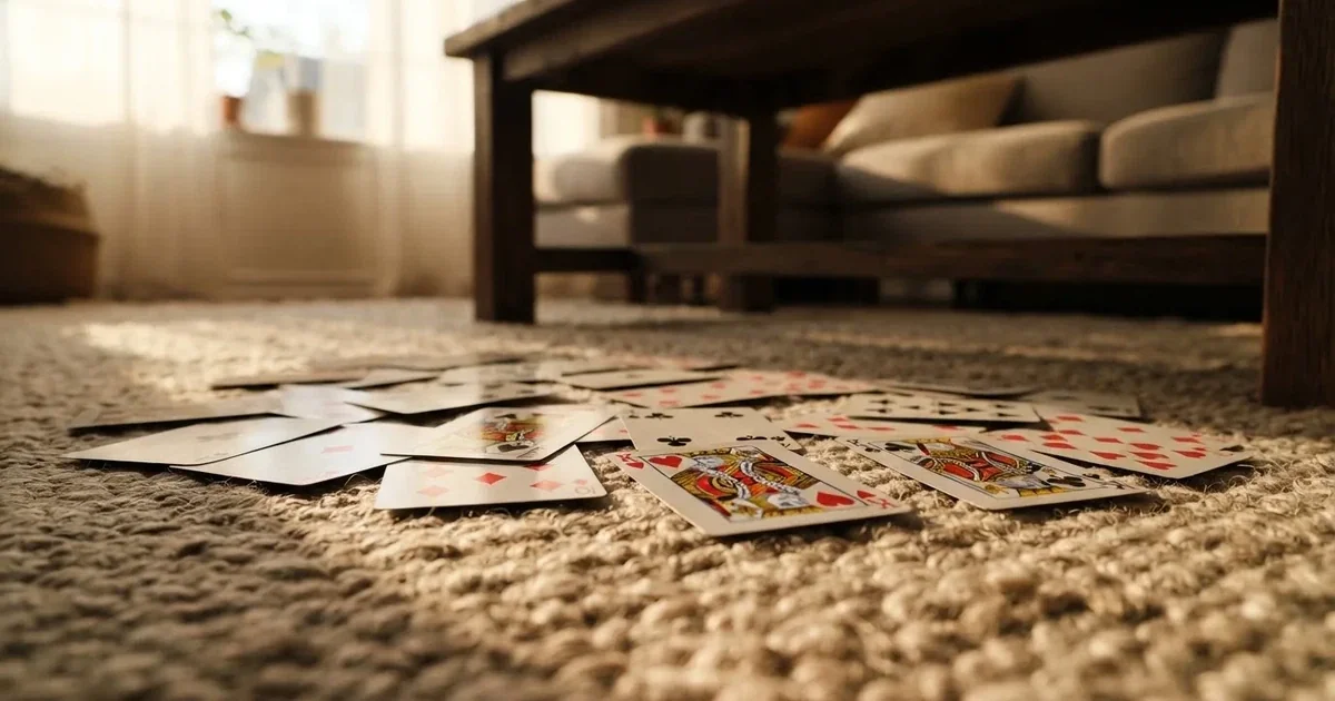 Un pachet de cărți de joc răspândit pe covorul unei camere de zi, într-o după-amiază liniștită — casino gratis în românia