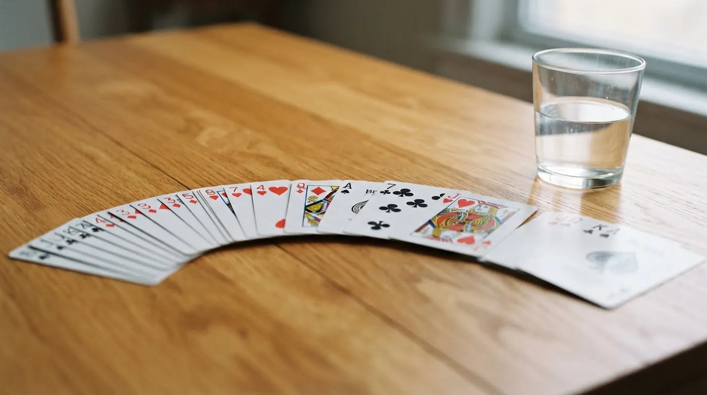 Un pachet de cărți de joc desfăcut evantai pe o masă de stejar, lângă un pahar cu apă — casino gratis în românia
