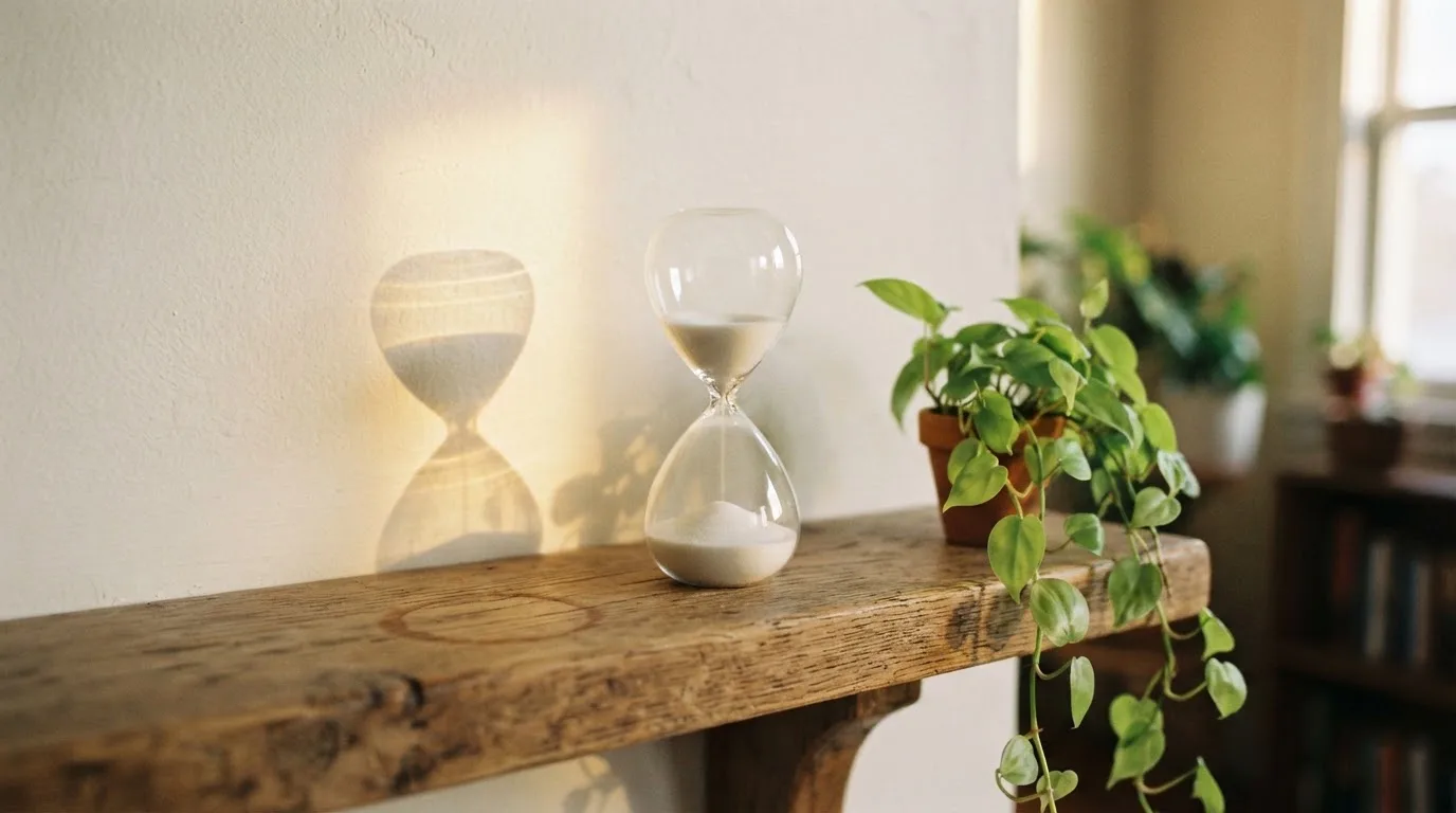 O clepsidră de sticlă pe un raft de lemn, lângă o plantă verde, în lumina după-amiezii — cazino cu bani reali în românia
