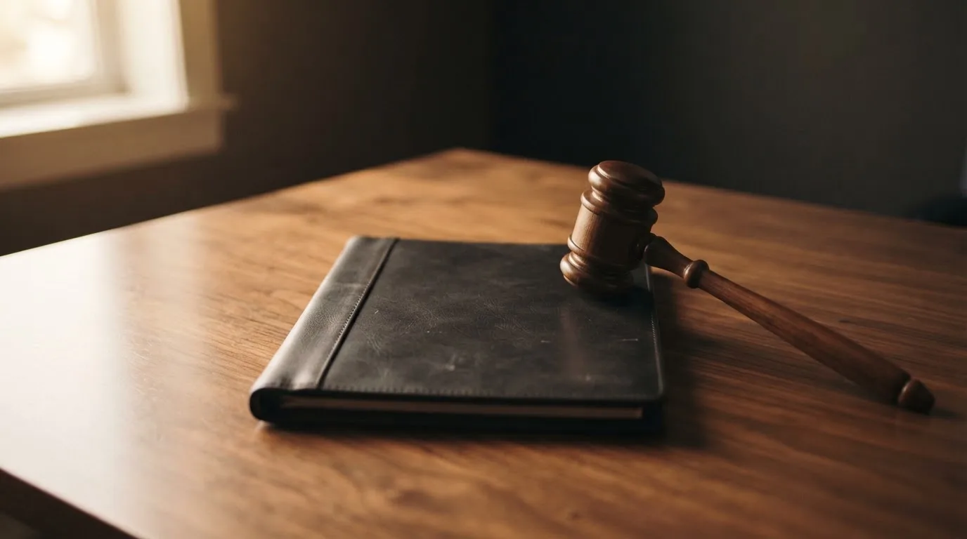 Un ciocan de judecător lângă un dosar de piele închis, pe o masă de nuc lustruit — cazino cu bani reali în românia