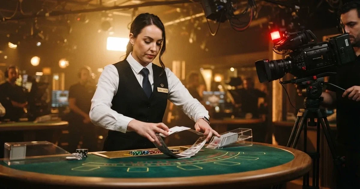 Dealeră în vestă neagră amestecă cărți de joc cu mișcări precise, în fața unei camere de filmat, pe o masă semicirculară cu postav verde.