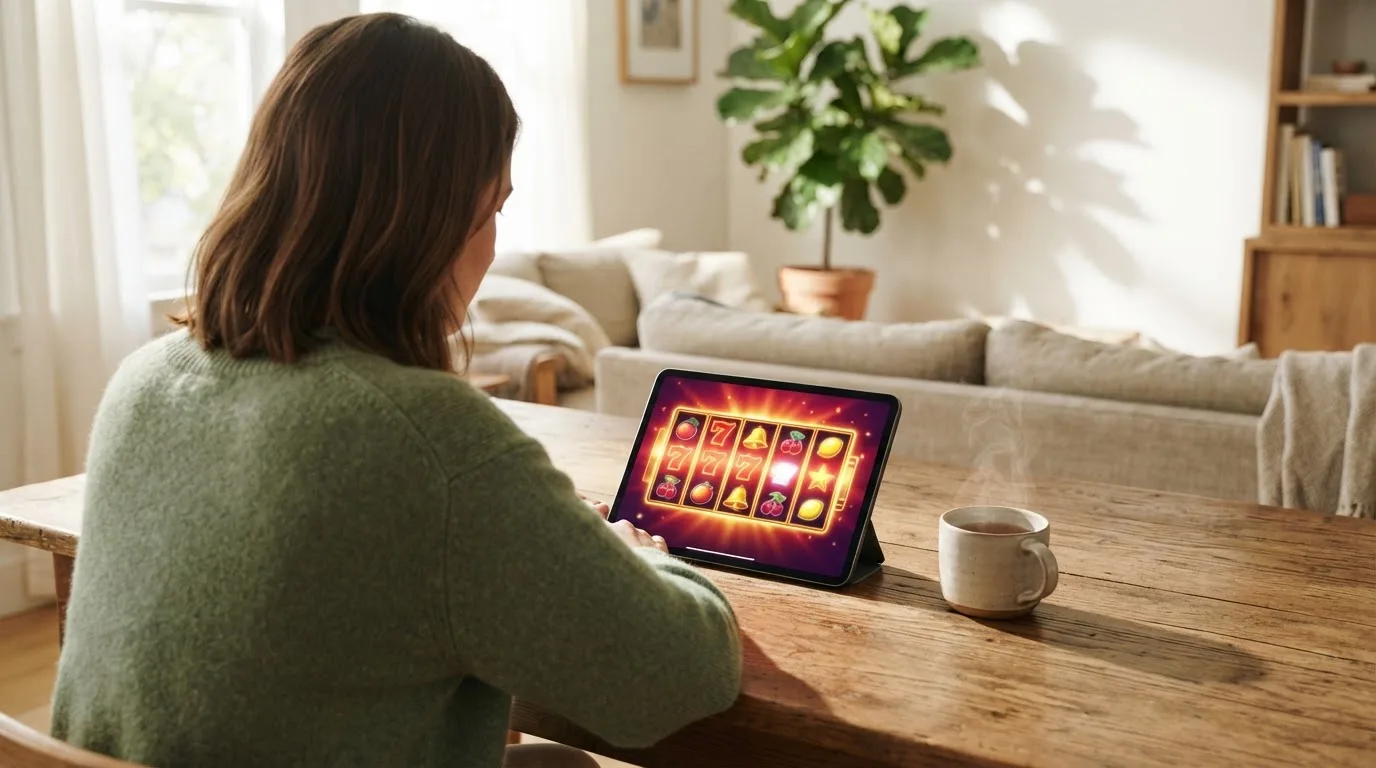 Adult tânăr stă la masa din sufragerie cu o tabletă în față și o cană de ceai, într-o cameră cu lumină naturală puternică.