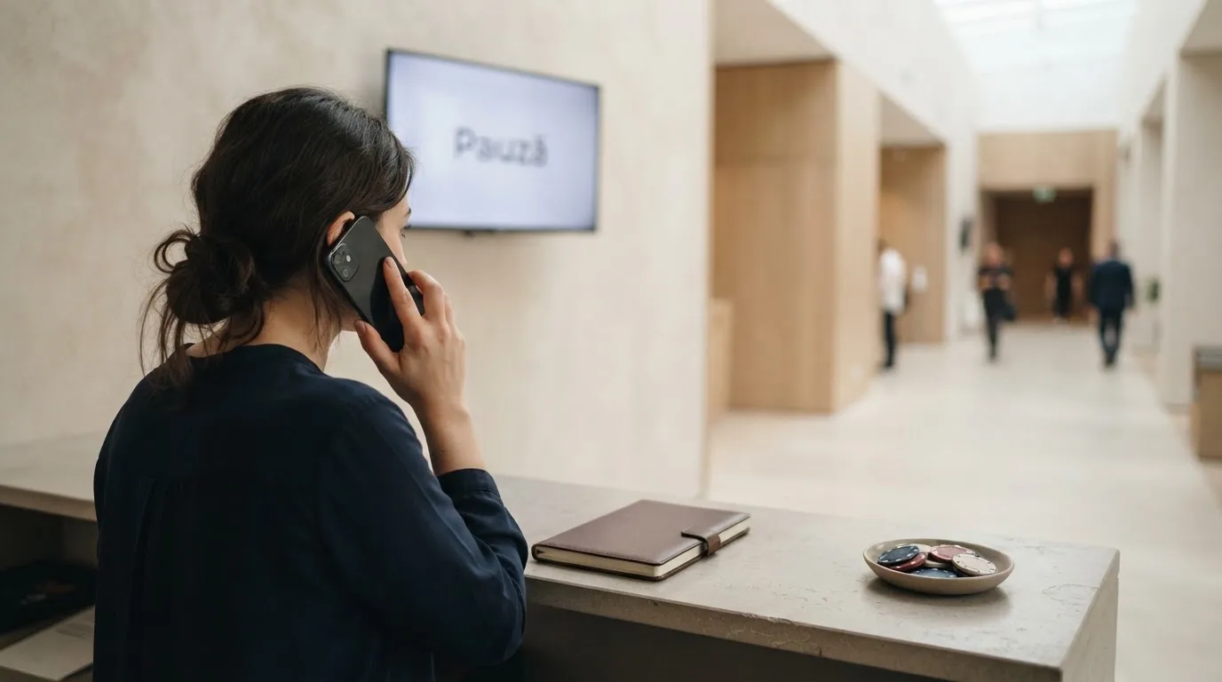 Birou de recepție într-un hol modern, cu un monitor discret pe un perete și o funcționară care răspunde la telefon.