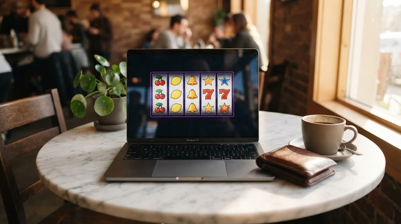 Laptop deschis pe o masă de cafenea, lângă un portofel de piele și o cană, cu lumina după-amiezii pe suprafața mesei.