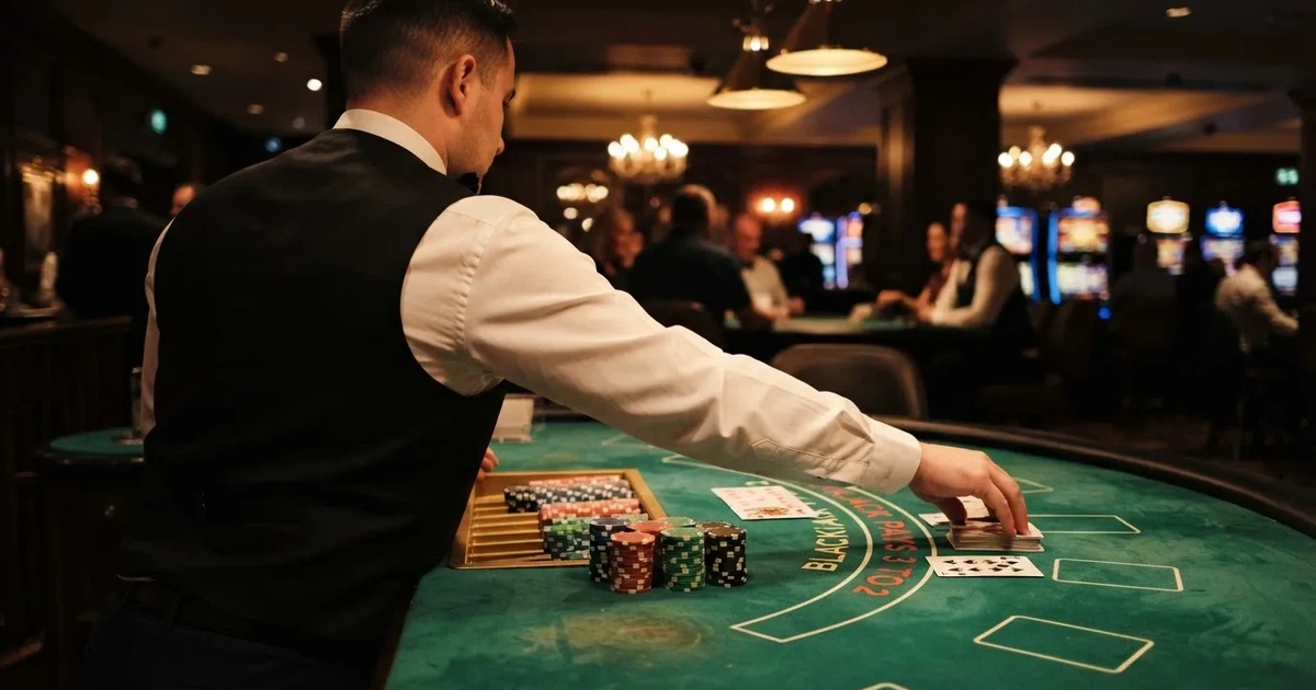 Un crupier în vestă neagră împarte cărți la o masă de blackjack, sub spoturi calde — jocuri de ruletă în română