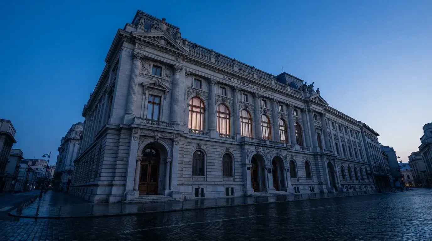 Fațada de piatră a unei clădiri guvernamentale din București, în lumina rece a zorilor — jocuri de ruletă în română