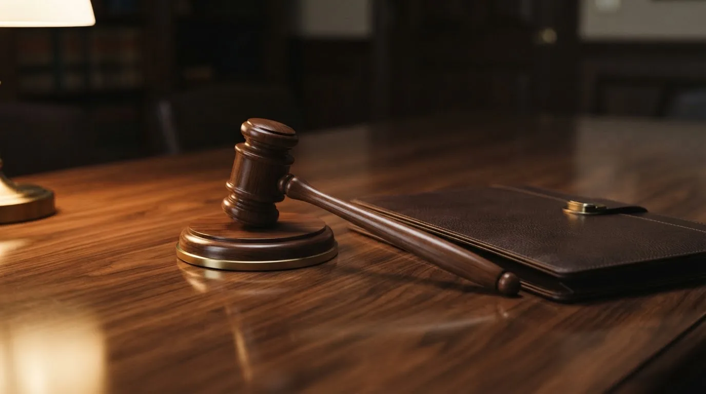 Un ciocan de judecător lângă un dosar de piele închis, pe o masă de nuc lustruit — live blackjack în românia